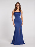 Navy Satin Sheath Straight Neck Lace-up Floor-Length Dress - Curvevia