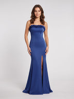 Navy Satin Sheath Straight Neck Lace-up Floor-Length Dress - Curvevia