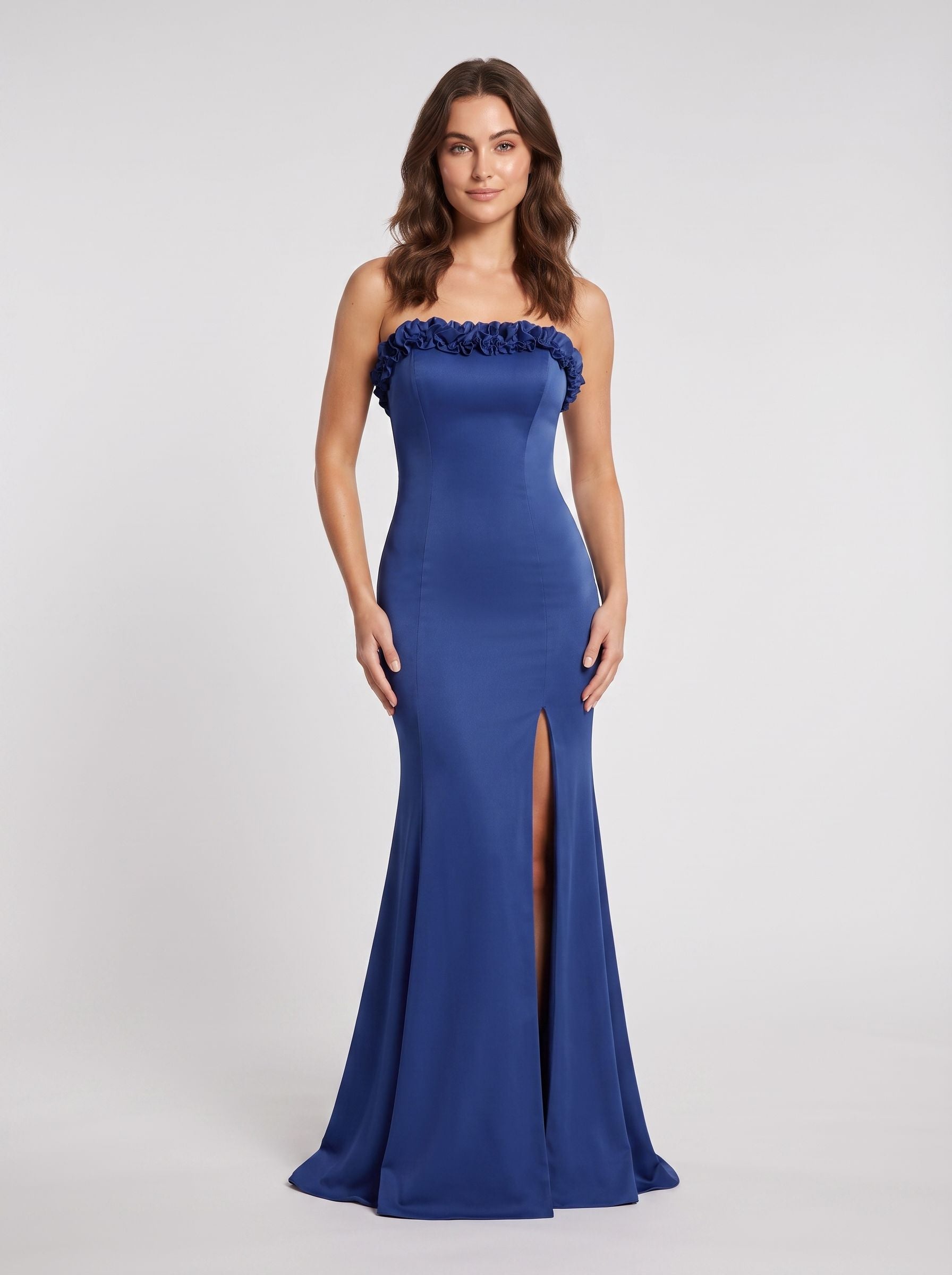 Navy Satin Sheath Straight Neck Lace-up Floor-Length Dress - Curvevia