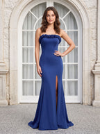 Navy Satin Sheath Straight Neck Lace-up Floor-Length Dress - Curvevia