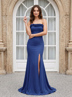 Navy Satin Sheath Straight Neck Lace-up Floor-Length Dress - Curvevia