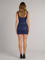 Navy Blue Mesh Sheath Square Neck Back Zip Short Dress with Floral Sequins - Curvevia