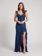 Navy Blue Satin Mermaid Sweetheart Lace-up Floor-Length Dress with Cascading Ruffles - Curvevia