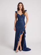 Navy Blue Satin Mermaid Sweetheart Lace-up Floor-Length Dress with Cascading Ruffles - Curvevia