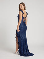 Navy Blue Satin Mermaid Sweetheart Lace-up Floor-Length Dress with Cascading Ruffles - Curvevia