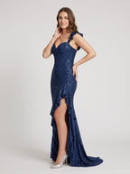 Navy Blue Satin Mermaid Sweetheart Lace-up Floor-Length Dress with Cascading Ruffles - Curvevia