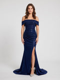 Navy Sparkle Knit column Off-the-Shoulder Back Zip Floor-Length Dress with Open Slit - Curvevia