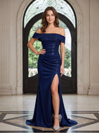Navy Sparkle Knit column Off-the-Shoulder Back Zip Floor-Length Dress with Open Slit - Curvevia