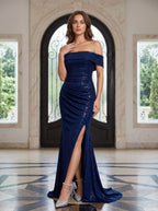 Navy Sparkle Knit column Off-the-Shoulder Back Zip Floor-Length Dress with Open Slit - Curvevia