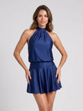 Navy Blue Stretch Knit A-Line Halter neckline Backless Short Dress with Cinched Drop Waist - Curvevia