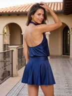 Navy Blue Stretch Knit A-Line Halter neckline Backless Short Dress with Cinched Drop Waist - Curvevia
