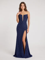Navy Sequins A-Line Straight Neck Back Zip Floor-Length Dress with Tiered Skirt and Slit - Curvevia
