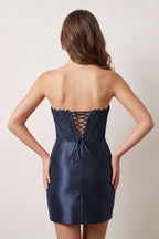 Navy Strapless Appliqued Sheath Satin Corset Homecoming Dress - Curvevia