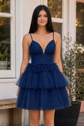 A-Line Deep V Neck Tiered Short Homecoming Dress - Curvevia