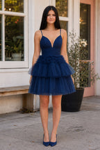 A-Line Deep V Neck Tiered Short Homecoming Dress - Curvevia