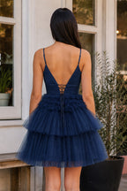 A-Line Deep V Neck Tiered Short Homecoming Dress - Curvevia