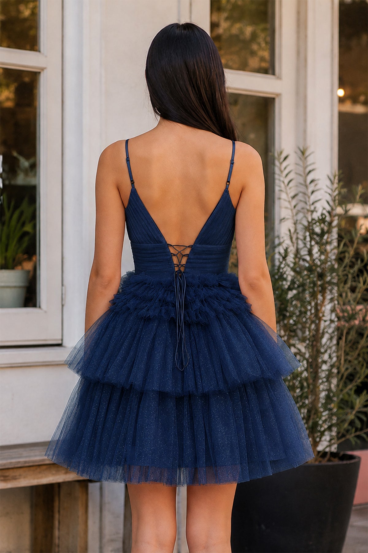 A-Line Deep V Neck Tiered Short Homecoming Dress - Curvevia