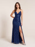 Navy Blue Sequin A-Line V-Neck Backless Floor-Length Dress with Pleated Bodice and High Slit - Curvevia