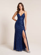 Navy Blue Sequin A-Line V-Neck Backless Floor-Length Dress with Pleated Bodice and High Slit - Curvevia