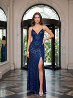 Navy Blue Sequin A-Line V-Neck Backless Floor-Length Dress with Pleated Bodice and High Slit - Curvevia