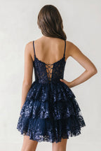 A- Line Sky Blue Sequins Multi-Layers Short Homecoming Dress - Curvevia