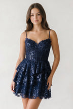 A- Line Sky Blue Sequins Multi-Layers Short Homecoming Dress - Curvevia