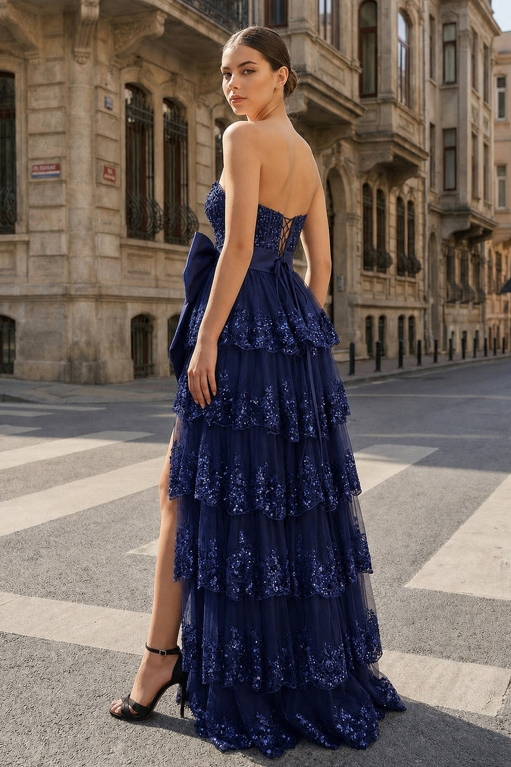 Sweetheart Light Blue Lace Appliques Ruffle Long Formal Gown - Curvevia