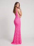 Pink Lace Sheath V-Neck V-Back Floor-Length Dress with Side Slit - Curvevia