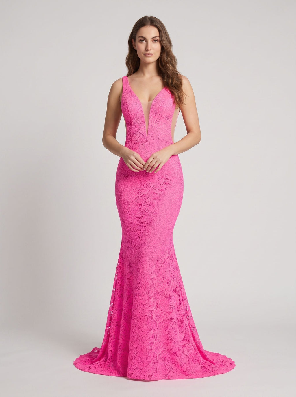 Pink Lace Sheath V-Neck V-Back Floor-Length Dress with Side Slit - Curvevia