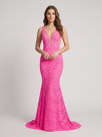 Pink Lace Sheath V-Neck V-Back Floor-Length Dress with Side Slit - Curvevia