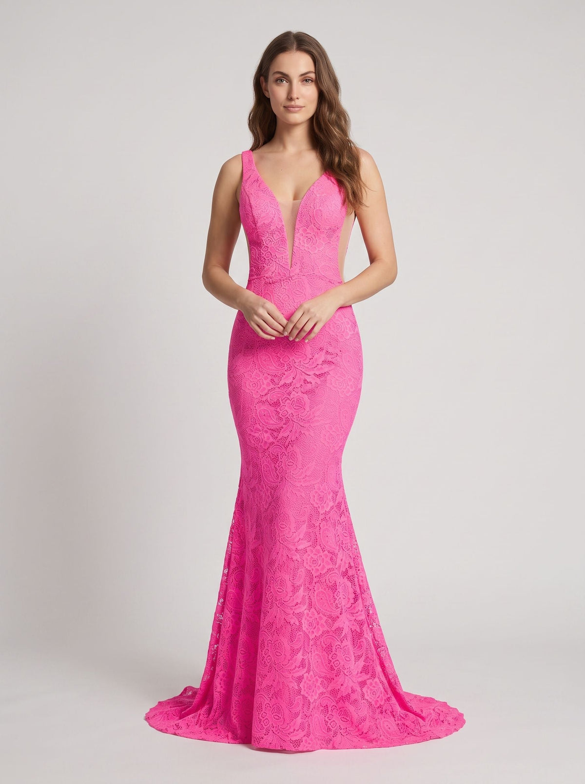 Pink Lace Sheath V-Neck V-Back Floor-Length Dress with Side Slit - Curvevia