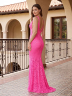 Pink Lace Sheath V-Neck V-Back Floor-Length Dress with Side Slit - Curvevia