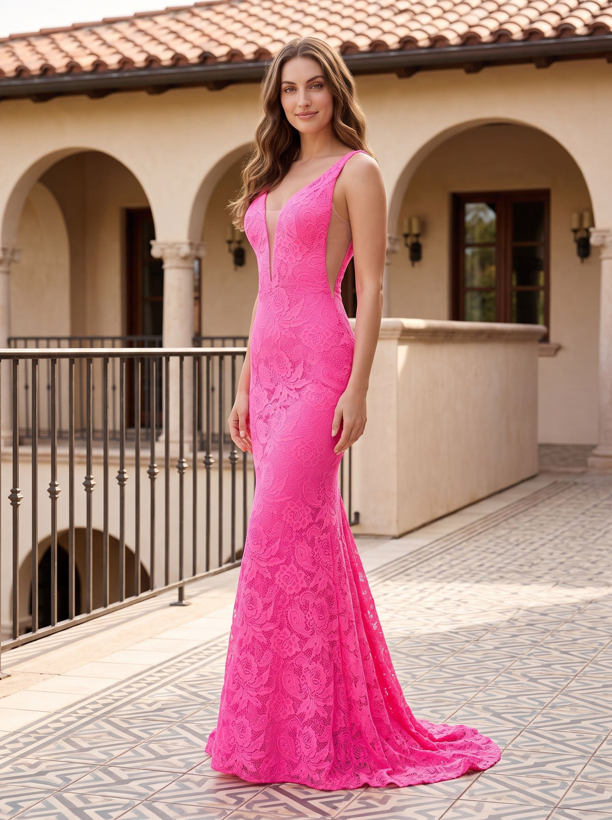 Pink Lace Sheath V-Neck V-Back Floor-Length Dress with Side Slit - Curvevia