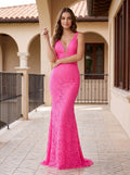 Pink Lace Sheath V-Neck V-Back Floor-Length Dress with Side Slit - Curvevia