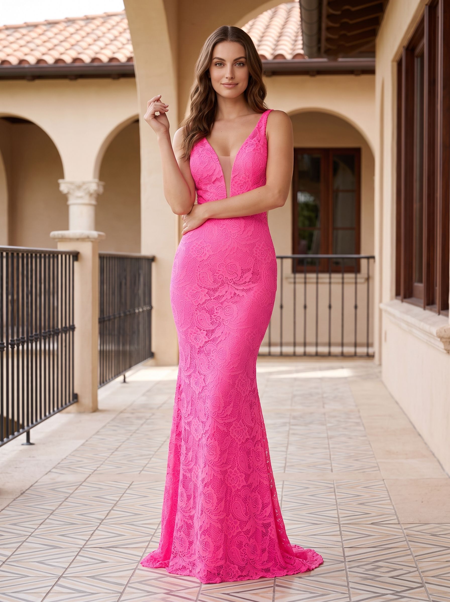Pink Lace Sheath V-Neck V-Back Floor-Length Dress with Side Slit - Curvevia
