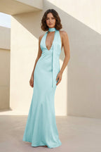 Yellow - Halter Deep V Neck Satin Sheath Backless Long Evening Dress - Curvevia