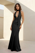 Yellow - Halter Deep V Neck Satin Sheath Backless Long Evening Dress - Curvevia