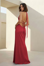 Yellow - Halter Deep V Neck Satin Sheath Backless Long Evening Dress - Curvevia