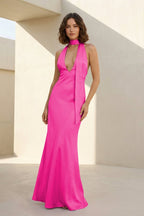 Yellow - Halter Deep V Neck Satin Sheath Backless Long Evening Dress - Curvevia