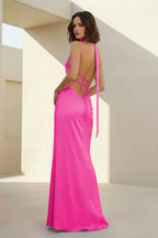 Yellow - Halter Deep V Neck Satin Sheath Backless Long Evening Dress - Curvevia