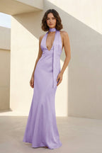 Yellow - Halter Deep V Neck Satin Sheath Backless Long Evening Dress - Curvevia