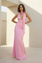 Yellow - Halter Deep V Neck Satin Sheath Backless Long Evening Dress - Curvevia