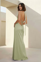 Yellow - Halter Deep V Neck Satin Sheath Backless Long Evening Dress - Curvevia