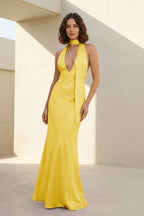 Yellow - Halter Deep V Neck Satin Sheath Backless Long Evening Dress - Curvevia