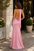 Yellow - Halter Deep V Neck Satin Sheath Backless Long Evening Dress - Curvevia