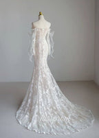 Lace Mermaid Covered-Button Long Sleeve Train Wedding Dress - Curvevia