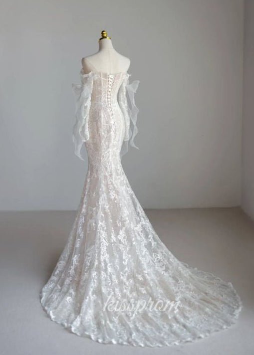 Lace Mermaid Covered-Button Long Sleeve Train Wedding Dress - Curvevia