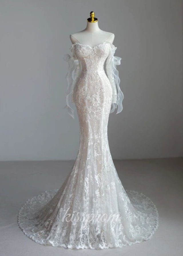 Lace Mermaid Covered-Button Long Sleeve Train Wedding Dress - Curvevia