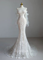 Lace Mermaid Covered-Button Long Sleeve Train Wedding Dress - Curvevia
