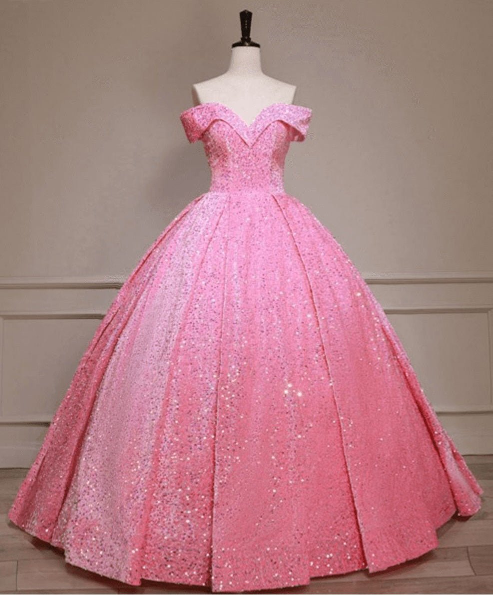 Pink Off The Shoulder Sequined Ball Gown Quinceanera Dresses - Curvevia